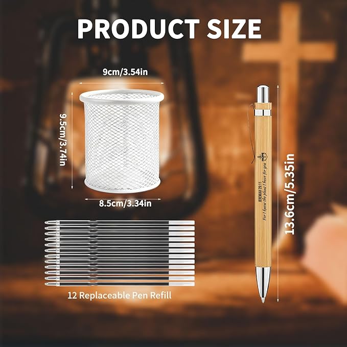 Bible Verse Pens 25 Pcs with 12 Christian Pens & 12 Refills & 1 White Pen Holder Bamboo Retractable Ballpoint Pens Inspirational Quote Pen Religious Gifts for Men Women