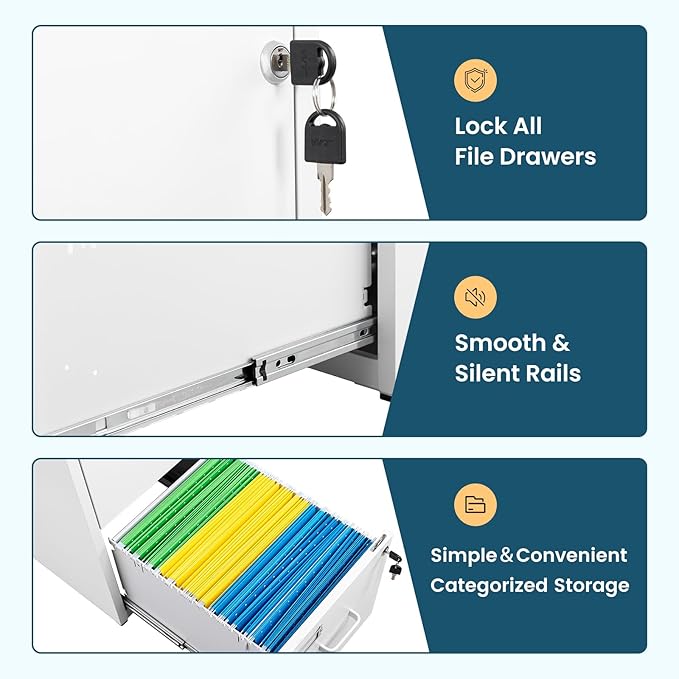 MIIIKO 2 Drawer Filing Cabinet with Lock, Metal Vertical File Cabinets for Home Office, Lockable File Storage Cabinets Under Desk, Letter/A4 File Folders Storage（White-Assembly Required