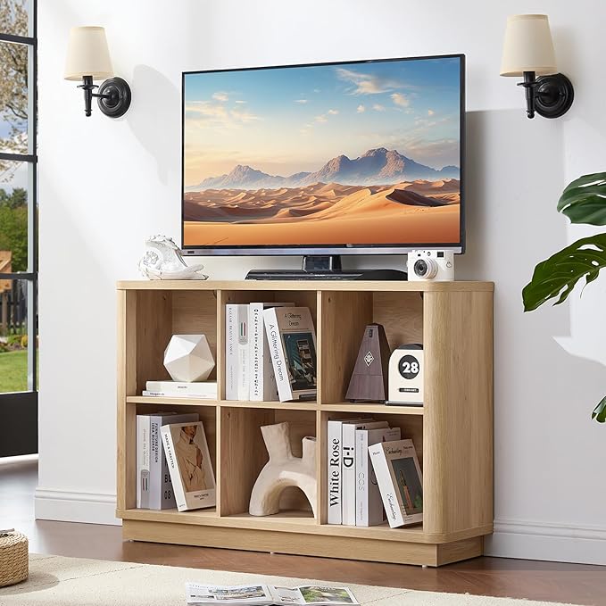 6 Cube Storage Book Shelf, 40" Wide Low Horizontal Bookcase with Curved Edge, Floor Standing 2-Tier Wooden Bookshelf with Base, Modern Short Book Case for Bedroom, Study, Entryway, Natural Oak