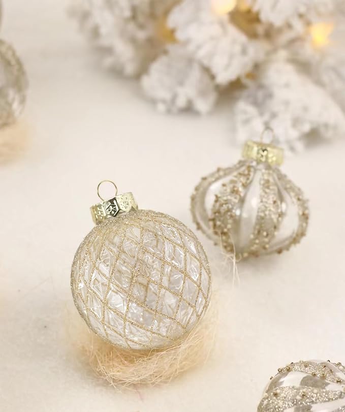 12 PCS Clear and Champagne Christmas Ball Ornaments, 80mm/3.15 Inches Rustic Farmhouse Christmas Decorations, Large Shatterproof Luxury Hand-Painted Xmas Ornaments for Christmas Tree, Wedding