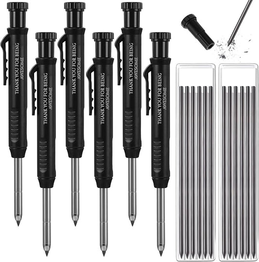 Colarr 10 Pcs Mechanical Carpenter Pencil with 60 Refill Deep Hole Mechanical Pencil Marker with Sharpener Black Solid for Carpentry Architect Birthday Thanksgiving Gift