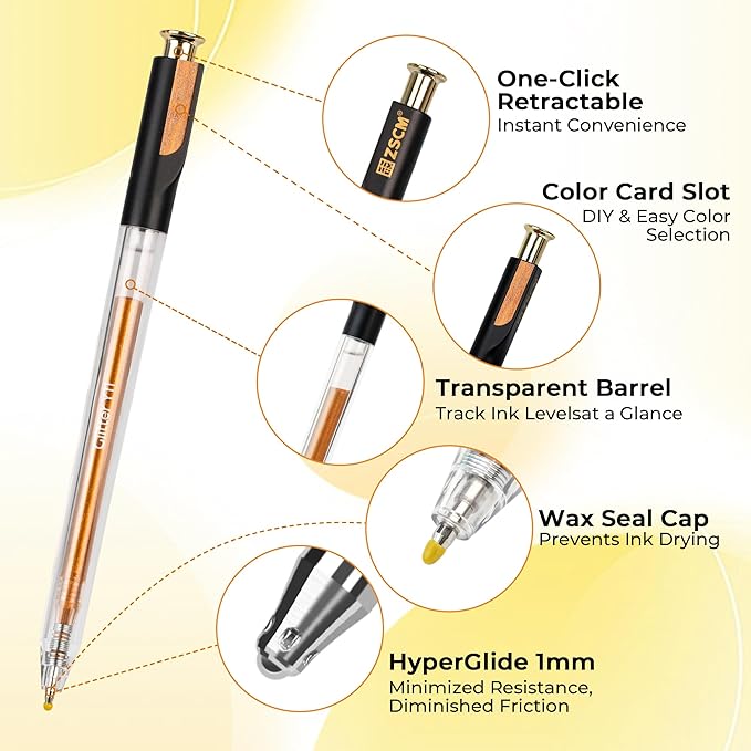 Retractable Glitter Gel Pens, 12 Colors Large Capacity Yellow Glitter Metallic Gel Ink Pens, 1 mm Fine Point Smooth Writing Color Pens for Adult Coloring Book Note Taking Aesthetic Art Supplies