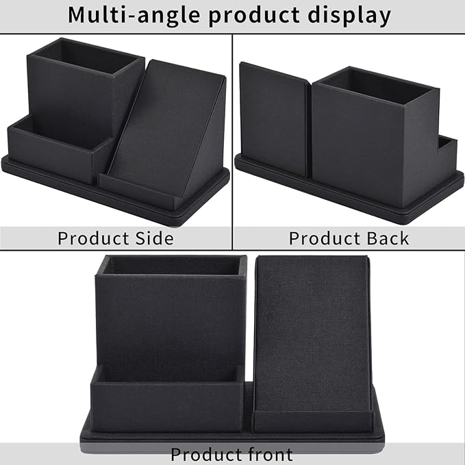 Pu Leather Desk Pen/Pencil Organizer Multi-Function Cell Phone/Remote Control Storage Box with 3 Compartments Office Supplies Sticky Note Tray Business Cards Holder,Black
