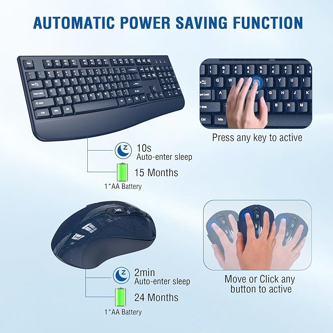 Wireless Keyboard and Mouse Combo, Full-Sized 2.4GHz Wireless Keyboard with Comfortable Palm Rest and Optical Mouse for Windows, Mac OS PC/Desktops/Computer/Laptops (Starry Blue)