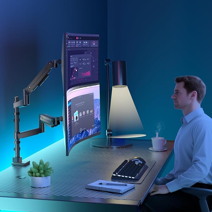 WALI Dual Monitor Mount for Ultrawide Heavy Duty Curved Monitor Stacking, Dual Monitor Arm Fits 17-49 Inch for Ultrawide Screens up to 44lbs, 49 inch Monitor Arm, Black