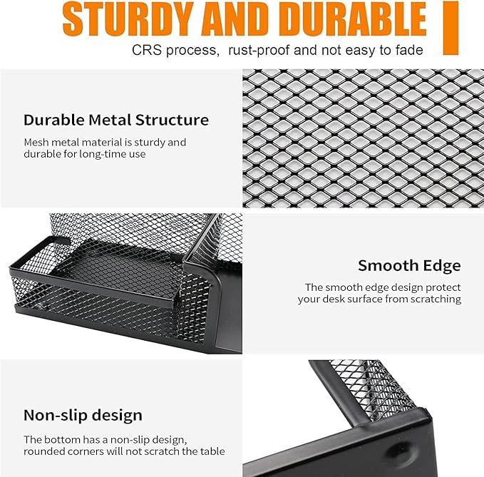 Moonlik Mesh Pen Holder Desk Organizer Set, Pencil Storage Holder with 3 Compartments, Office School Home Desktop Supplies, Desk Accessories for Paper Clip, Sticky Notes(2pack, Black)