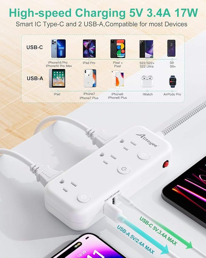 Individual Switch Power Strip Surge Protector with 6 Outlets 3 USB(17W USB C), 5Ft Braided Cord Ultra Thin Flat Plug, 13A Wall Mount Extension Cord with Circuit Breaker for Travel Home Office Dorm