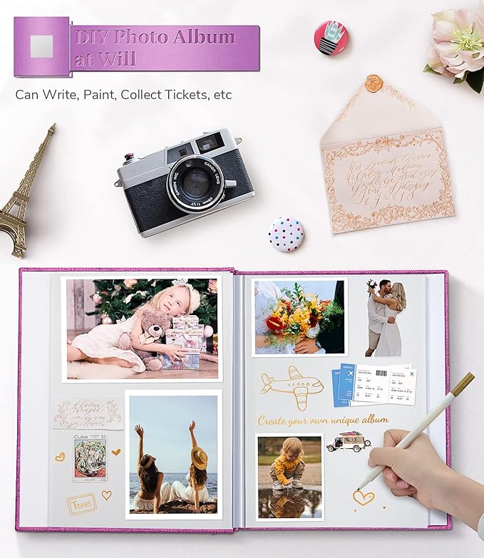 Photo Album Self Adhesive Scrapbook Album for 3x5 4x6 5x7 8x10 Pictures,60 Pages Linen Cover with Display Window DIY Photo Book,Ideal Gifts for Family Travel Wedding Baby