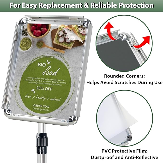 11x17 inches Poster Stand Holder Adjustable Floor Standing Sign Holder Vertical and Horizontal View Sign Display, Aluminum Snap Frame with Safety Corner, Silver