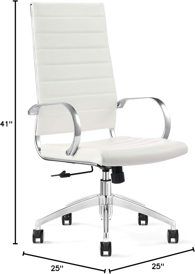 Ribbed High Back Conference Room Chairs - Lumbar Support, Modern Style Executive Home Office Chair - 360 Swivel Rolling Wheels - Aluminum Chrome Frame & Base- White Office Chair (Pack of 1)