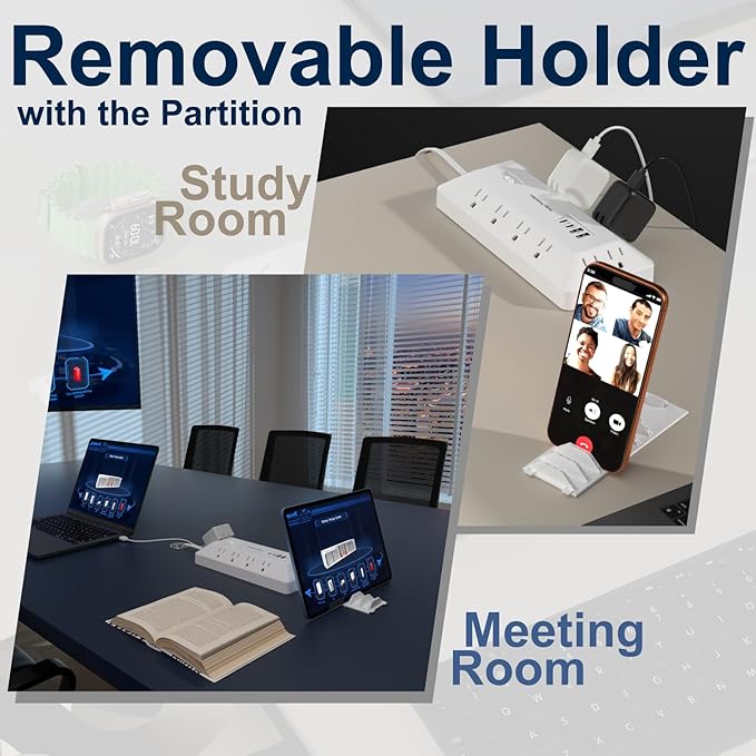 Surge Protector Power Strip with USB Ports, 12 Outlets 2 USB-C 2 USB-A, 6 Ft Flat Plug Extension Cord, Multi Plug Outlet with Phone Holder for Desk, Office, Home, Dorm, UL Certification (White)