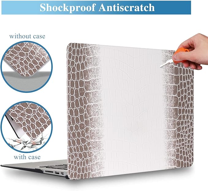 KEROM Compatible with Crocodile MacBook Air 13 Inch Case 2025-2022 M4 M3 M2 A3240 A3113 A2681, Textured Elegant Luxury Aligator Skin Snakeskin PU Leather Hardshell Case & Keyboard Cover, Brown White
