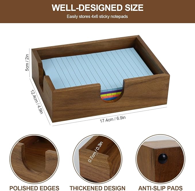 Buqoo 4x6 Notepad Holder Dispenser, Walnut Wood Sticky Notes Memo Pad Holder Dispenser Desk Supplies Organizer Accessories for Office Home Schools