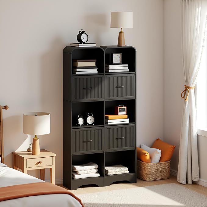 70" Tall Arched Bookcase and Book Shelf, Narrow Bookshelf with Drawers, Modern Wooden Bookshelves w/Adjustable 2 Bins Storage, Skinny bookshelf w/Open Display Shelves for Living Room, Office, Black