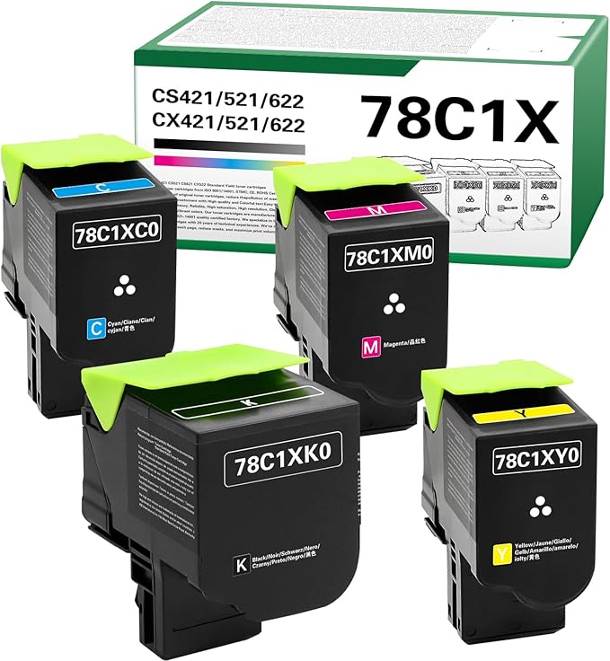 78C1X CS421 CX522 CS521 Toner Cartridge Extra High Yield Compatible for Lexmark CS421 CS521 CS622 CX522 CX421 CX622 CX625 Printer with 78C1XK0 78C1XC0 78C1XM0 78C1XY0（4 Pack 78C1X Toner）