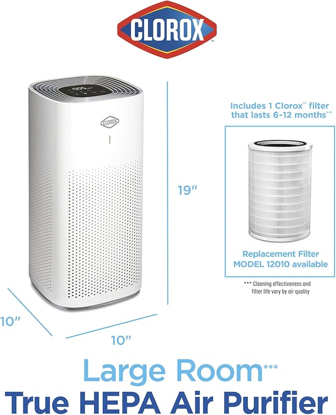 Clorox HEPA Air Purifiers for Home, True HEPA Filter, Medium Rooms Up to 1,500 Sq Ft, Removes 99.9% of Mold, Viruses, Wildfire Smoke, Allergens, Pet Allergies, Dust, AUTO Mode, Whisper Quiet