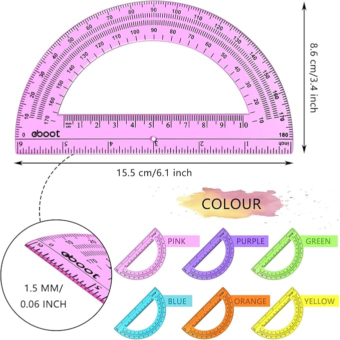 EBOOT 24 Pack Plastic Protractors Math Protractor 180 Degrees 6 Inch (Multi Colors)