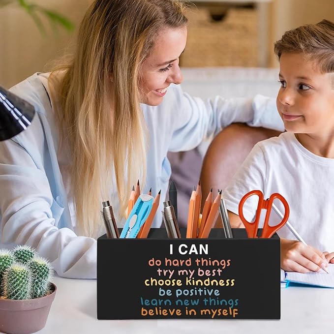 Inspirational Pen Pencil Holder Organizer for Desk Accessories, Boho Classroom Decor, I Can Do Hard Things Motivational Wooden Box Signs Decorations for Counseling Office Desk Tabletop