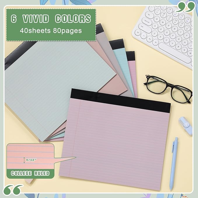 Lincia 6 Pcs 11" x 9.5" Legal Pads College Ruled Notepad Landscape Notebook Horizontal Lined Notebook 80 Gsm Assorted Colors Paper Pastel Writing Pads for School Office, 40 Sheet (Boho Color)