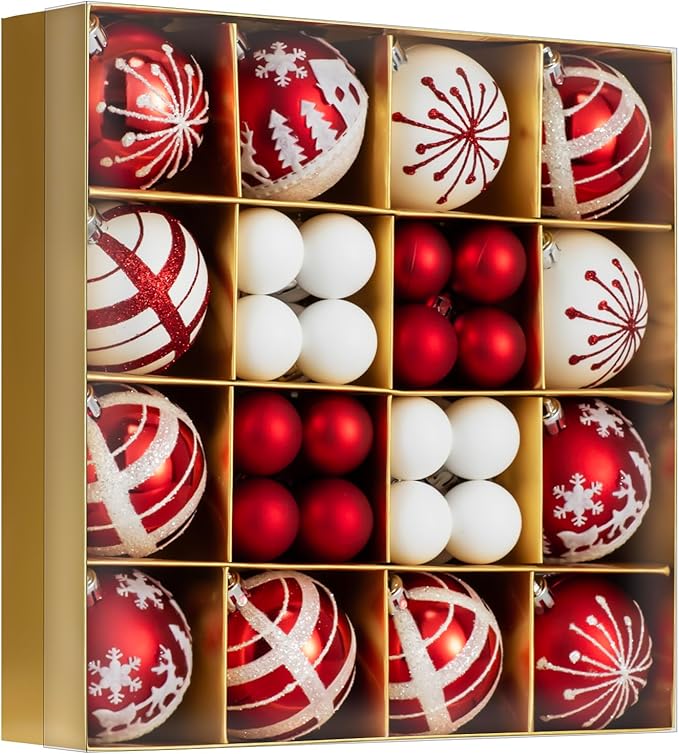 44PCS Christmas Ball Ornaments Set Xmas Tree Decoration Balls 2025 Shatterproof Hanging Colored for Party Wedding Home Party Outdoor Indoor Red & White