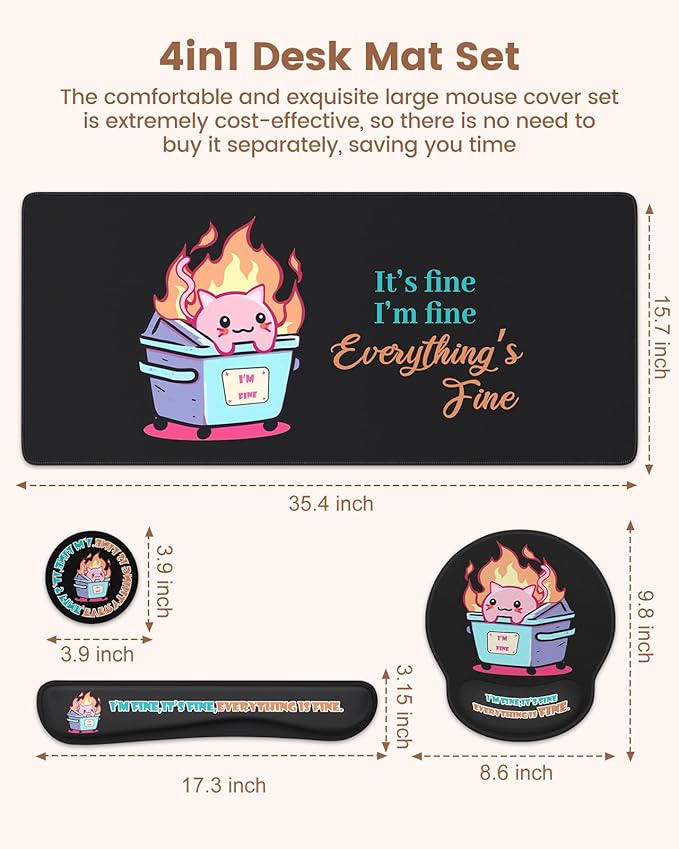 HAOCOO 4-in-1 Cute Desk Mat Set, Ergonomic Mouse Pad with Gel Wrist Rest, Memory Foam Keyboard Wrist Rest for Pain Relief, Desktop Protector Coaster, Comoputer Pads with Non-Slip Base(Black)