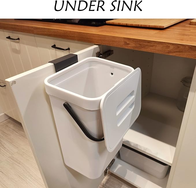 stonespace Hanging Trash Can, 3.2 Gallon/12L Small Waste Bin with Lid for Kitchen Cabinet Door or Under Sink, Bathroom Trash Bin with Lid, Food Waste Bin, 1 Pack White