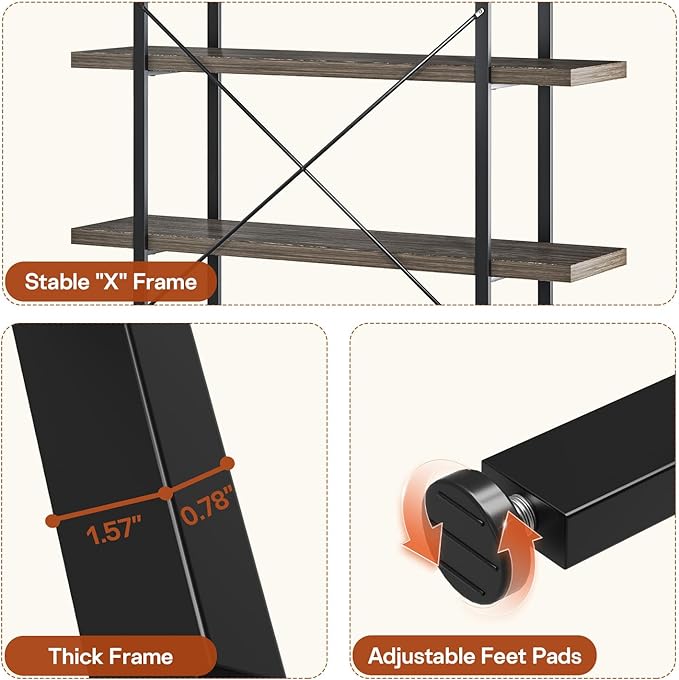 Bookcase, 47 Inch Wide Wood Bookshelf, 120lbs Shelf Capacity, Rustic Open Shelving Industrial Display with Reinforced Horizontal Shelves for Living Room Bedroom Office (4 Tier - Grey) 2 Set
