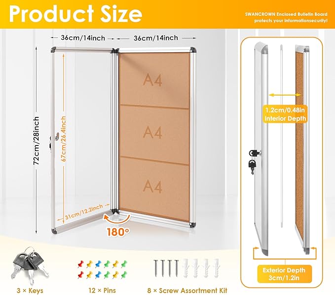 SWANCROWN Lockable Noticeboard Wall-Mounted Bulletin Pin Cork Boards Message Board with Aluminium Frame 28x14 inch