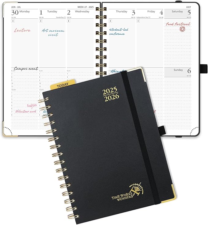 POPRUN Academic Planner 2025-2026 (July 2025-June 2026), Daily Weekly and Monthly Appointment Book (Wirebound Hard Cover - 6.25'' x 8.5'') with Hourly Time Slots, Tabs, 100 GSM - Black
