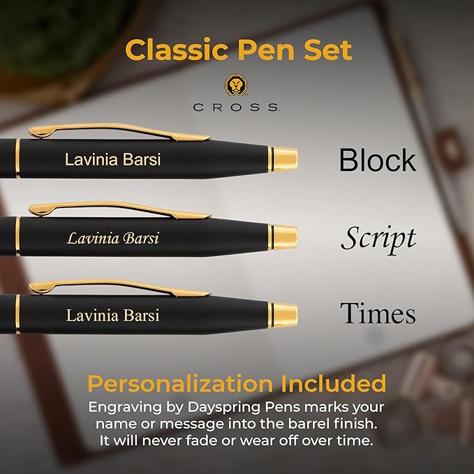 Cross Classic Century Ballpoint Pen and Pencil Set. Matte Black with Gold Trim. Iconic Gift Set