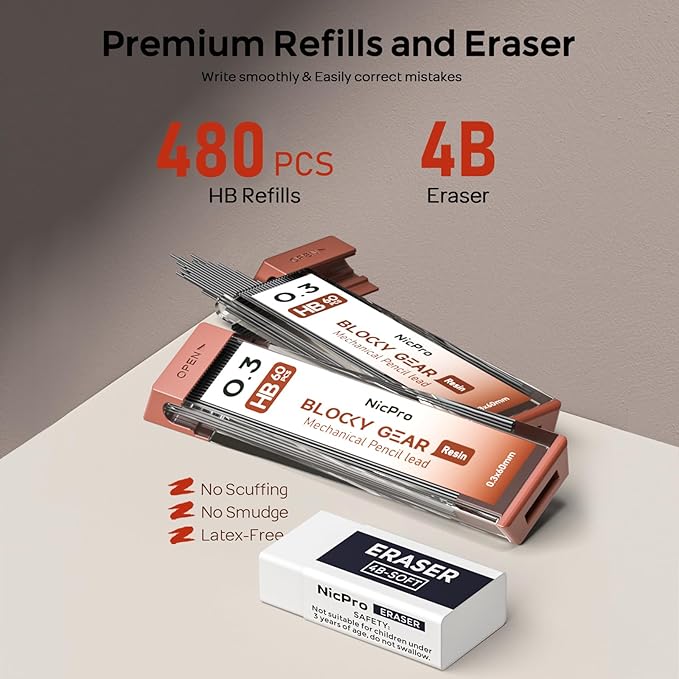 Nicpro 3 Pack Blocky Gear 0.3 mm Metal Mechanical Pencils Set with Case, Lead Drafting Pencil with 8 Tube (480PCS) Lead Refills, 4 Erasers, 18 Eraser Refills for Art Writing, Sketching Drawing