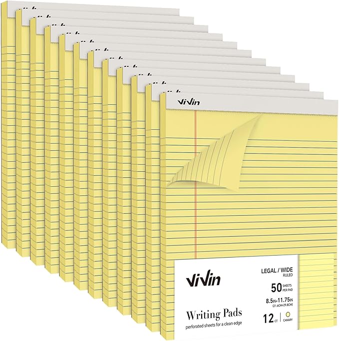 ViVin Legal Pads 8.5 x 11 Inch, Wide Ruled Note Pads, 12 Pack, 50 Sheet/Pad, Perforated Writing Pads, Notepads for Office Home School, 600 Sheets, Canary Yellow Paper