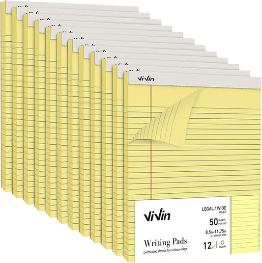 ViVin Legal Pads 8.5 x 11 Inch, Wide Ruled Note Pads, 12 Pack, 50 Sheet/Pad, Perforated Writing Pads, Notepads for Office Home School, 600 Sheets, Canary Yellow Paper
