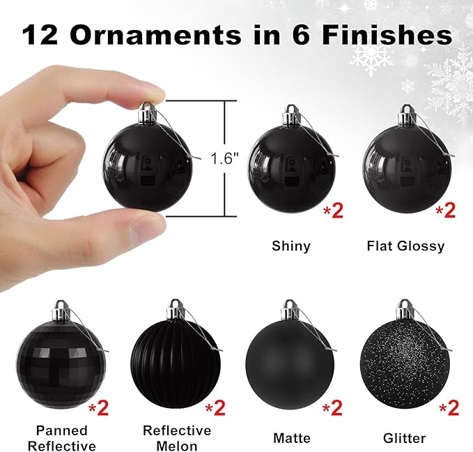 Black 1.6" Small Christmas Balls Christmas Tree Decoration Ornaments Shatterproof Hanging Balls for Birthday Halloween Holiday Wedding Decorations Set of 12pcs
