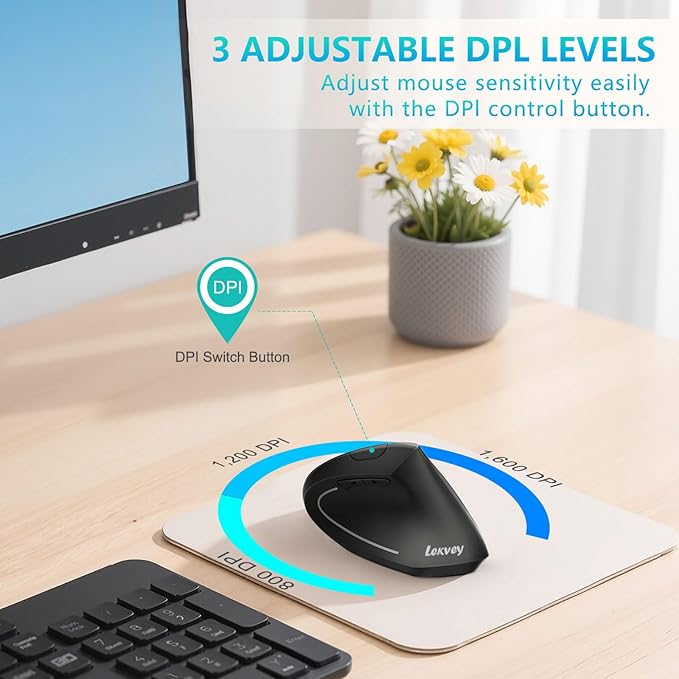 Lekvey Ergonomic Mouse, Vertical Wireless Mouse - Rechargeable 2.4GHz Optical Vertical Mice : 3 Adjustable DPI 800/1200/1600 Levels 6 Buttons, for Laptop, PC, Computer, Desktop, Notebook etc, Black