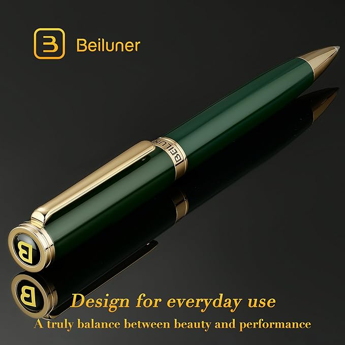 BEILUNER Luxury Gel Pen with 24K Gold Finish, Green Piano Lacquer, Luxury Grade Craftsmanship, Fancy Pen Gift Set for Men and Women, Graduation Gift, Executive, Office, Retractable, Nice Pen Set