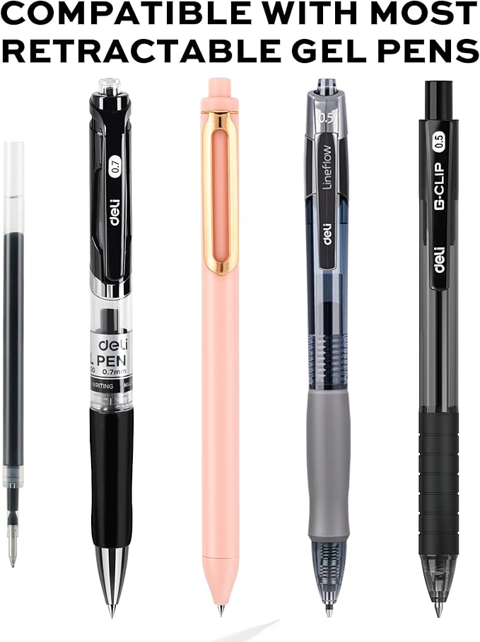 deli Gel Pen Refills, 30 Pcs Retractable Pen Refills Black Ink, Medium Point 0.7mm, Smooth Writing, Fast Dry, No Bleed for Journaling Note Taking, Home School Office Supplies