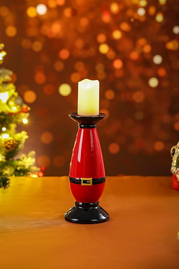 Set of 2 Christmas Hand-Painted Ceramic Large Candle Holders for Pillar Candles (Santa's Belt)
