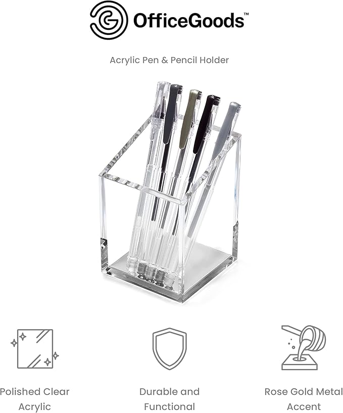 OfficeGoods Acrylic Pen & Pencil Holder - Modern Trapezoid Design - Beautiful Desk Organizer for Home or Office - Contrasting Metal Base - 3" Square w/ 3.5" Front & 4.5" Back - Silver