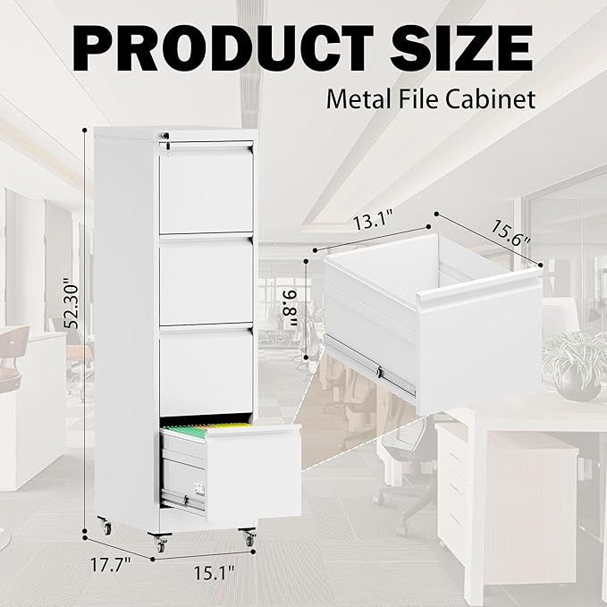 File Cabinet with Lock, 4 Drawers Filing Cabient with Wheel, Steel Vertical Filing Storage Cabinet for Home Office, Heavy-Duty File Cabinets for Letters/Legal/A4 (Require Assembly, White)