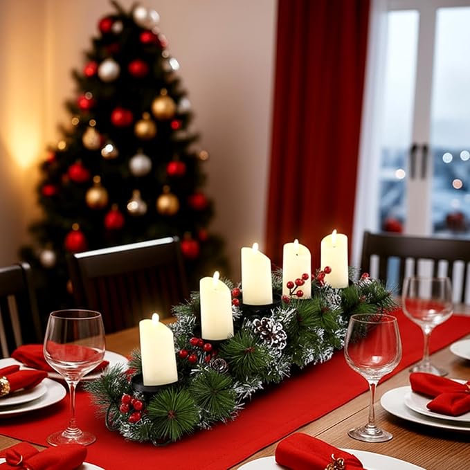 Yungyan Christmas Tabletop Centerpiece 30 Inch, Includes 5 Battery Operated LED Candle Holders, Red Berries, Pine Cones and Base, Christmas Artificial Dinner Table Decorations