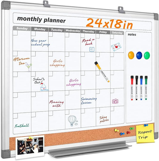 MAKELLO Dry Erase Calendar for Wall 24x18 in, Whiteboard Calendard with Cork Board for Office, Home, School, Family, Kitchen and Bedroom