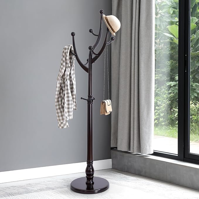 Tree Coat Rack Freestanding with Round Base, Unique Coat Hanger Stand, Heavy Duty Standing Coat Rack Clothes Stand for Winter Jacket, Hat, Entryway/Hallway/Bedroom, Red Brown