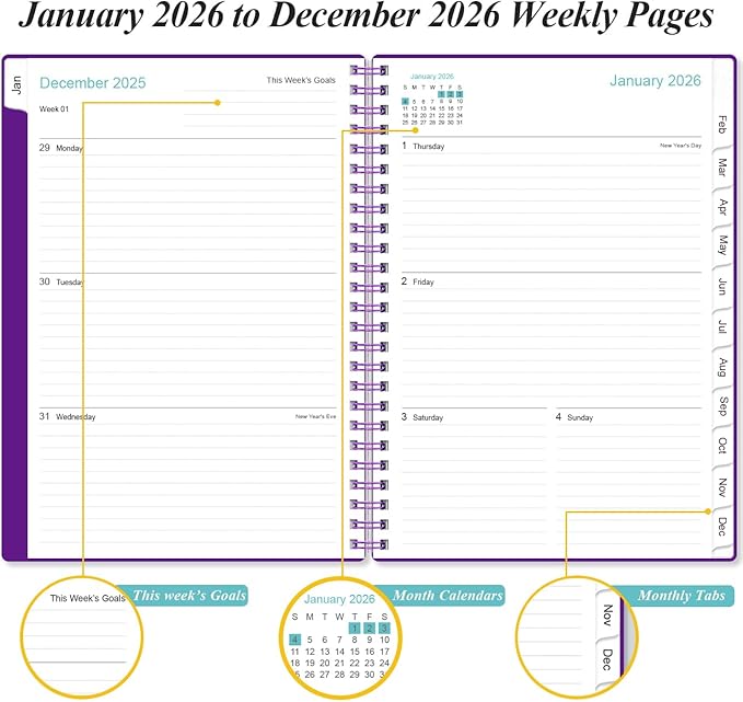 2026 Planner - Weekly and Monthly Calendar Planner from Jan 2026 - Dec 2026, Planner 2026 Spiral Bound with 12 Monthly Tabs, Inner Pocket, Perfect for School Office Supplies, 6.4" x 8.5", Purple-C