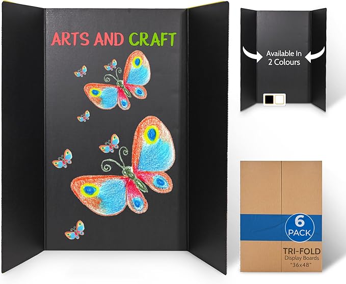 EPI Tri Fold Cardboard Display Board. Large 36 x 48in Black Tri-fold Poster 6 Pack. Professional Presentation Boards with Rounded Corners for Science Fair Project, School and Business Presentations