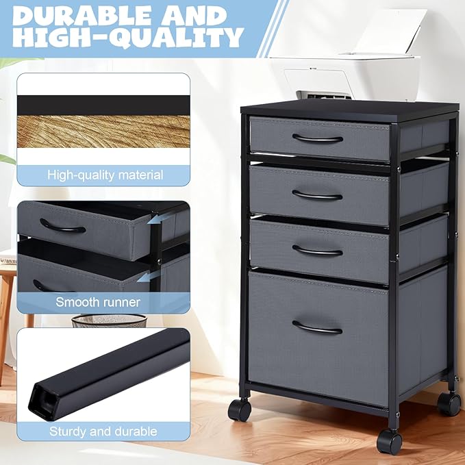 Chunful 4 Drawer Rolling File Cabinet Mobile Printer Stand Metal Cart with Fabric Vertical Filing Chest Wheels A4 Letter Size Under Desk Utility Craft Storage Organizer for Home Office(Grey)
