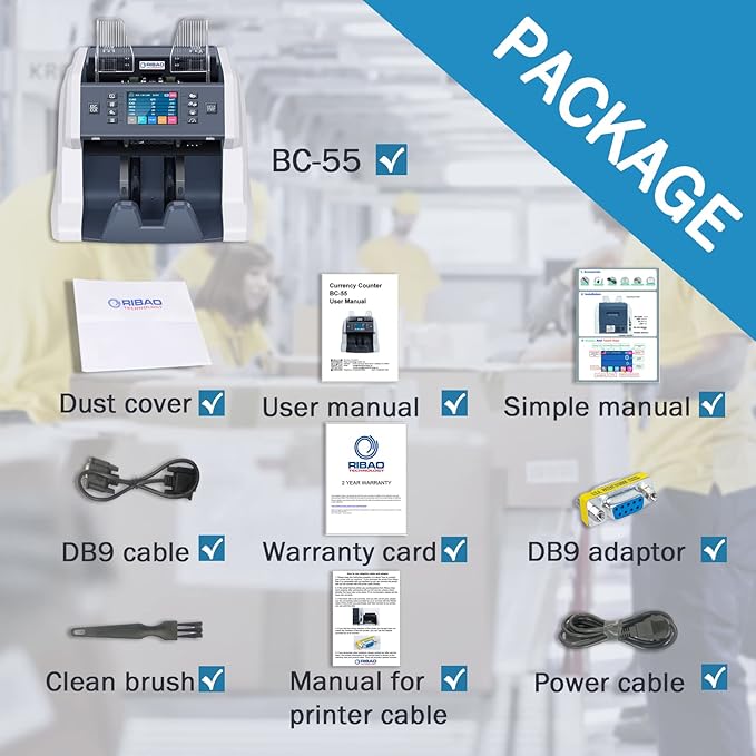 RIBAO BC-55 Premium Bank Grade Money Counter Machine Multi Currency Mixed Denomination Bill Cash Value Counter 2 CIS/UV/MG/MT/IR Serial Number Recording FCC Approved