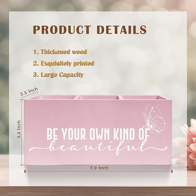 Be Your Own Kind of Beautiful Makeup Brush Toothbrush Holder, Pink Inspirational Wooden Pen Pencil Holder Organizer for Dorm Bedroom Desk Accessories, Back to School Gifts for Girls