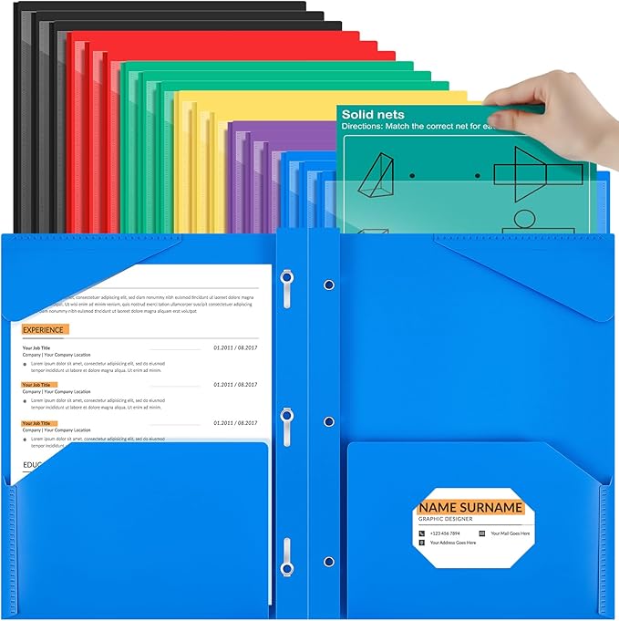 Henoyso 18 Pcs Plastic Folder with Clear Front Pocket and 3 Prong Plastic Folders with Card Slot Pocket Folders with Prongs for School Office (Colorful)