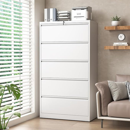 5 Drawer Lateral File Cabinet with Lock, File Cabinets for Home Office Legal/Letter A4 Size, File Cabinet Storage Cabinet, Require Assembly, White